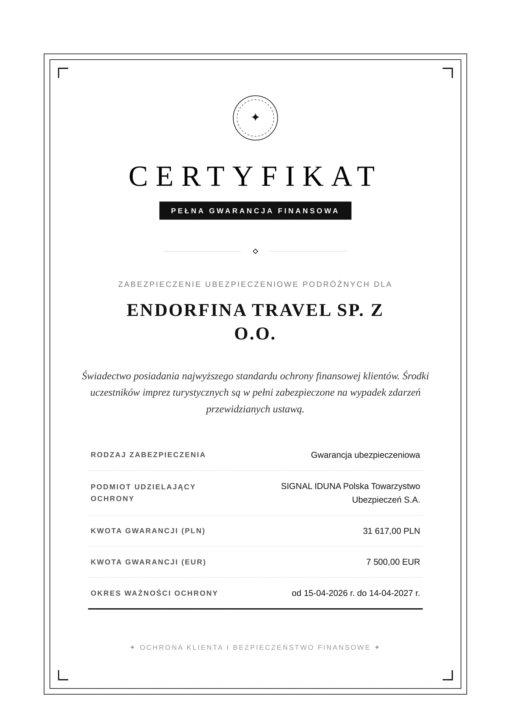 Certyfikat gwarancji ubezpieczeniowej SIGNAL IDUNA Polska TU SA, numer M 532712
