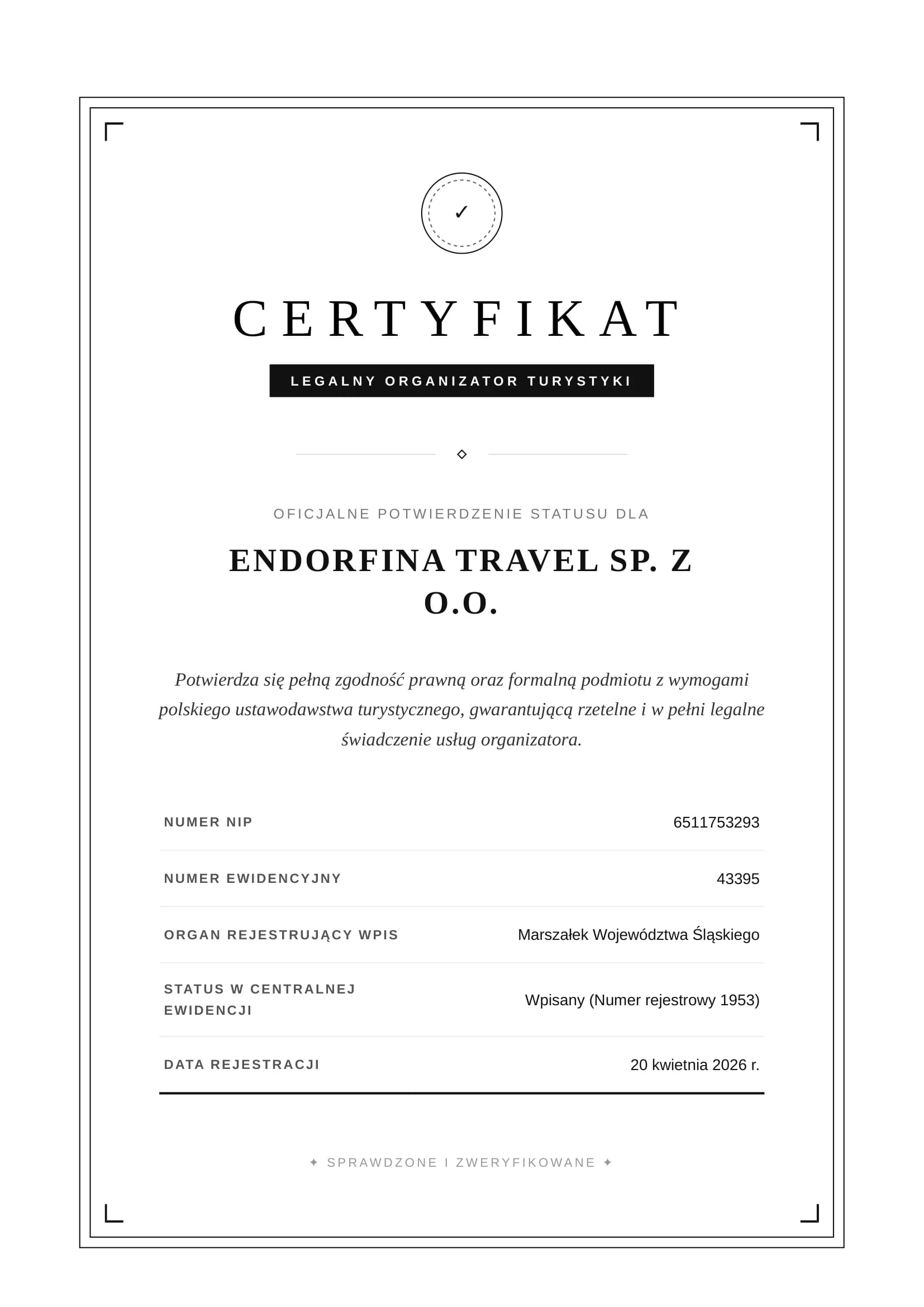 Certyfikat wpisu Endorfina Travel do Centralnej Ewidencji Organizatorów Turystyki, numer 1953